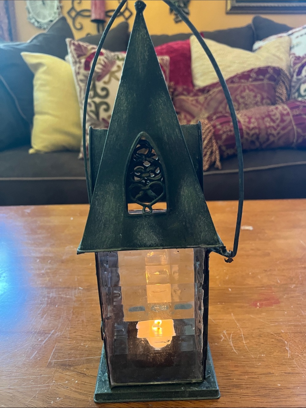 Decorative Green Metal and Glass Cathedral Style 12”H Lantern Filigree Detailing - Picture 12 of 15